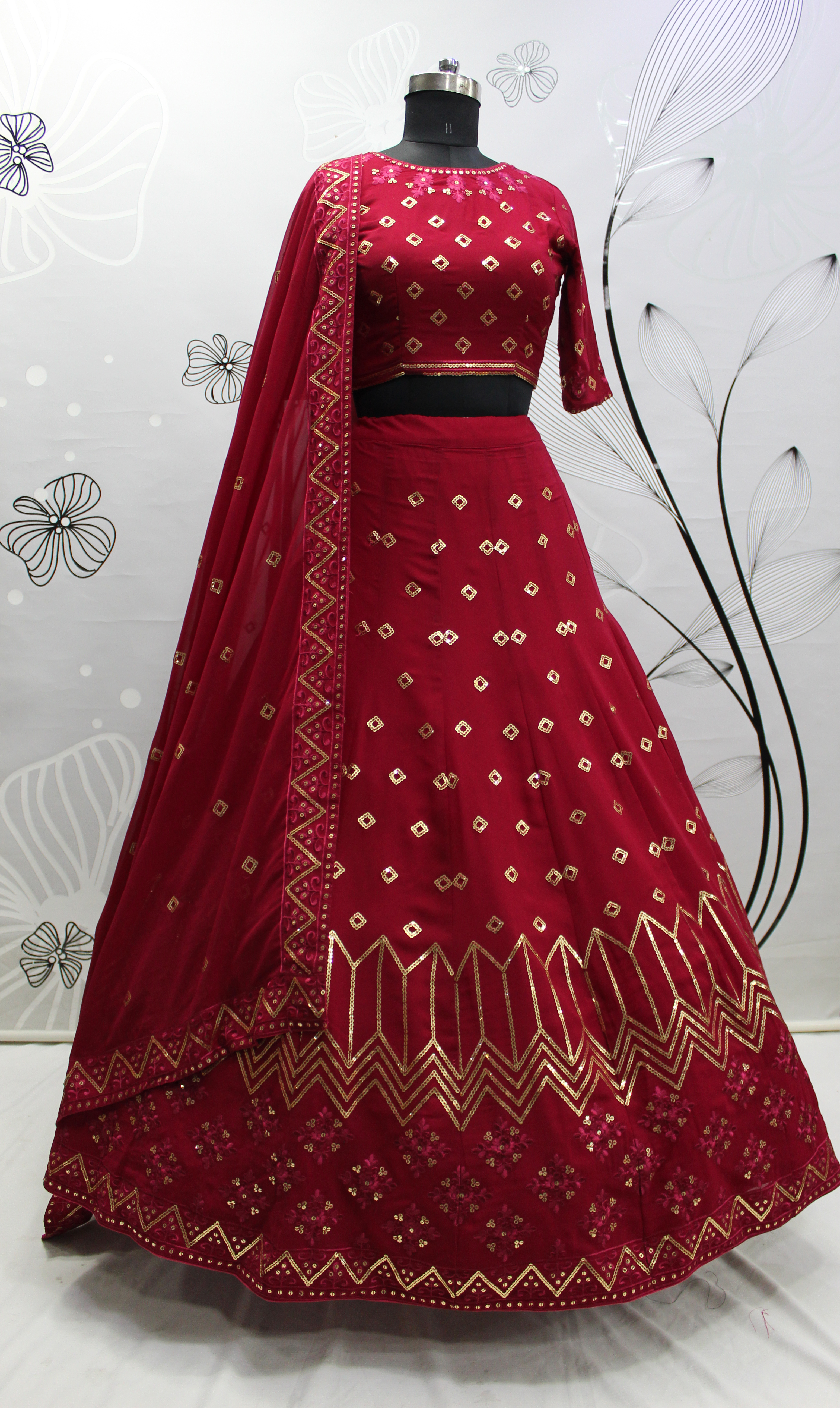 Embroidered Semi Stitched Lehenga Choli  RED